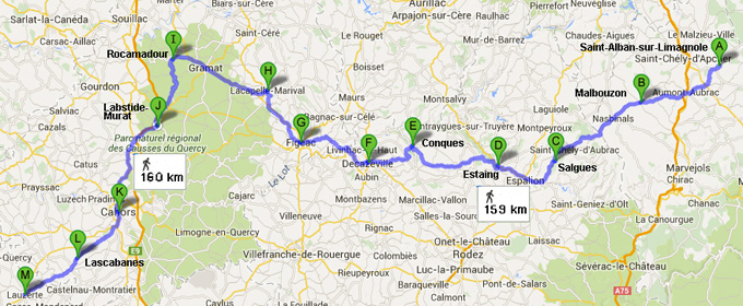 Itinéraire de Saint-Alban-sur-Limagnole à Figeac (3ème semaine) et de Figeac à Lauzerte (4ème semaine). 