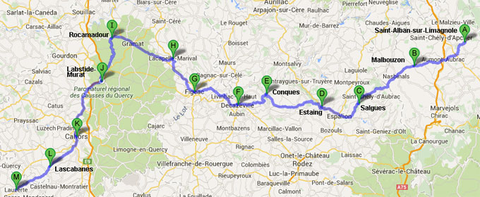 tinéraire de Saint-Alban-sur-Limagnole à Figeac (3ème semaine) et de Figeac à Lauzerte (4ème semaine). 
