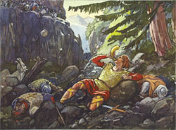 Roland sonnant du cor au col de Roncevaux